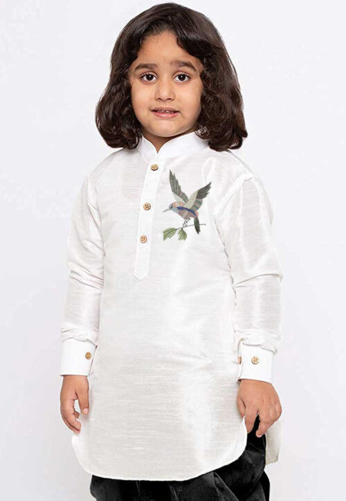 Embroidered Dupion Silk Kurta in White