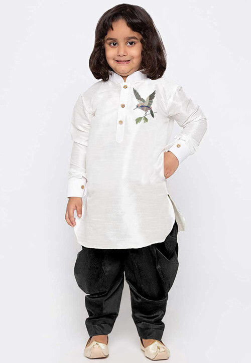 Embroidered Dupion Silk Kurta in White