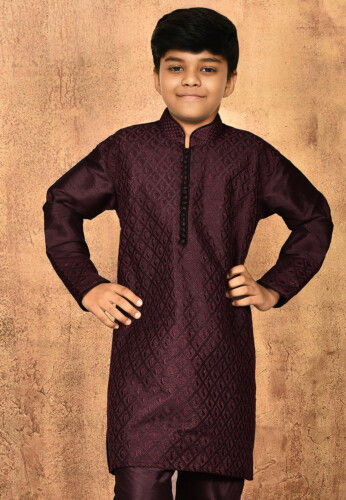 Embroidered Dupion Silk Kurta in Wine