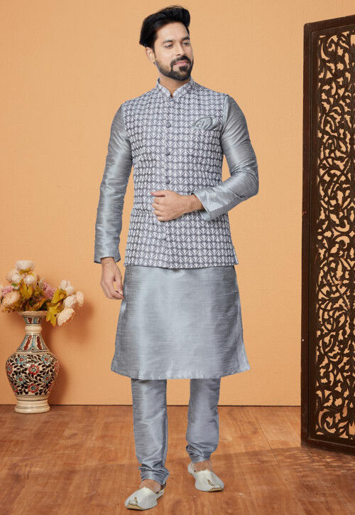 Silk Blend Kurta Pajama With Jacket In Grey Colour - KP4781196