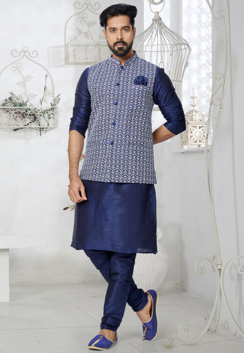 Navy Blue - Polka Zari Buti Spun Dupion Silk Long Straight Kurta 40