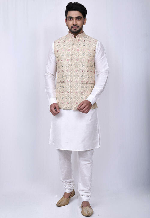 Embroidered Dupion Silk Kurta Jacket Set in White and Beige
