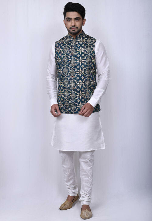 Embroidered Dupion Silk Kurta Jacket Set in White and Blue