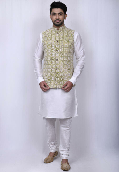 Embroidered Dupion Silk Kurta Jacket Set in White and Green