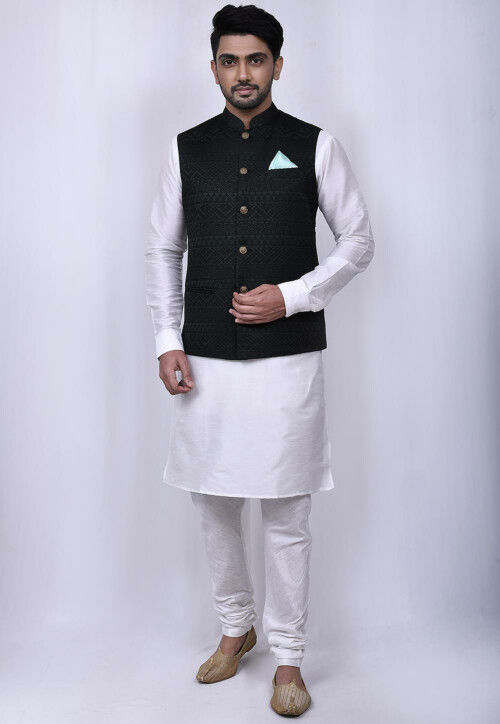 Buy White Jacket Kurta Set In Silk With Threadwork KALKI Fashion India-cacanhphuclong.com.vn
