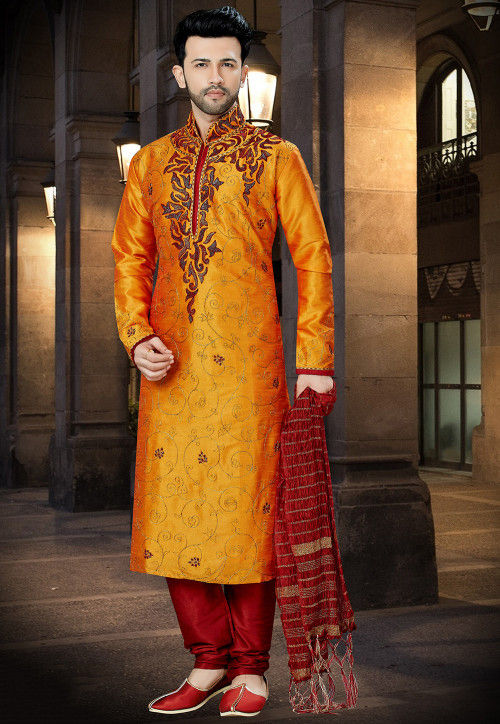 Buy Embroidered Dupion Silk Kurta Pajama in Orange Online MSE869 Utsav Fashion