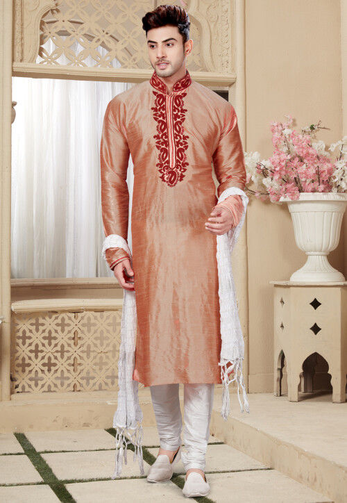 Embroidered Dupion Silk Kurta Pajama in Peach