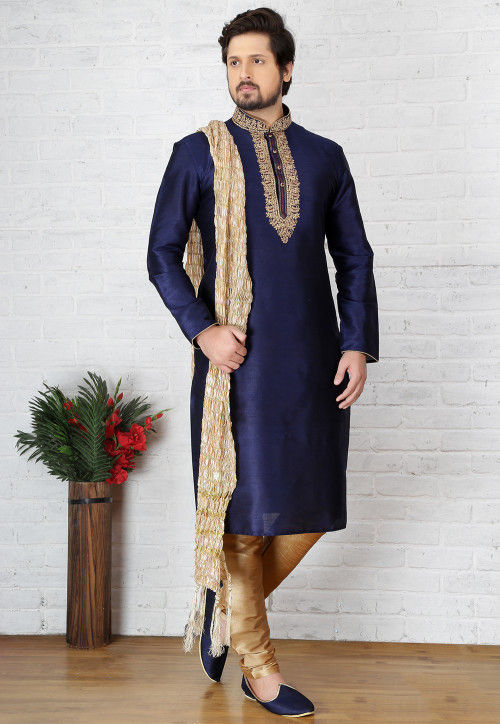 Embroidered Dupion Silk Kurta Pyjama in Dark Blue