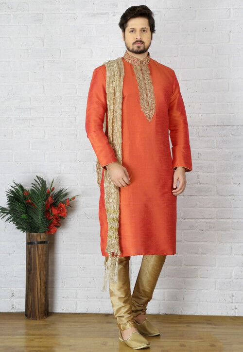 Embroidered Dupion Silk Kurta Pyjama in Orange