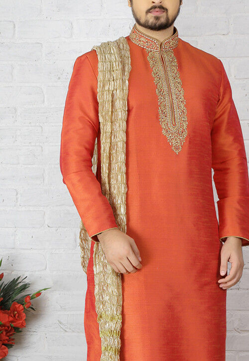 Embroidered Dupion Silk Kurta Pyjama in Orange