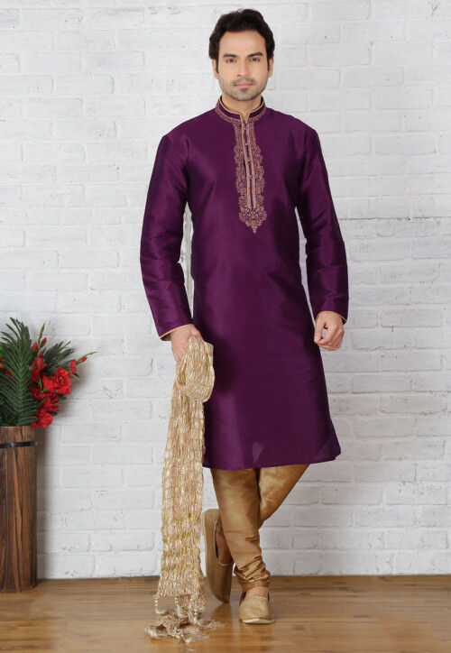 Embroidered Dupion Silk Kurta Pyjama in Violet