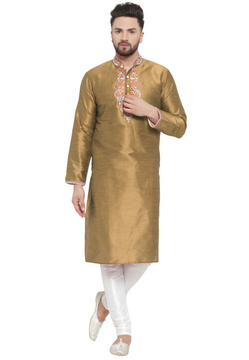 Embroidered Dupion Silk Kurta Set in Beige
