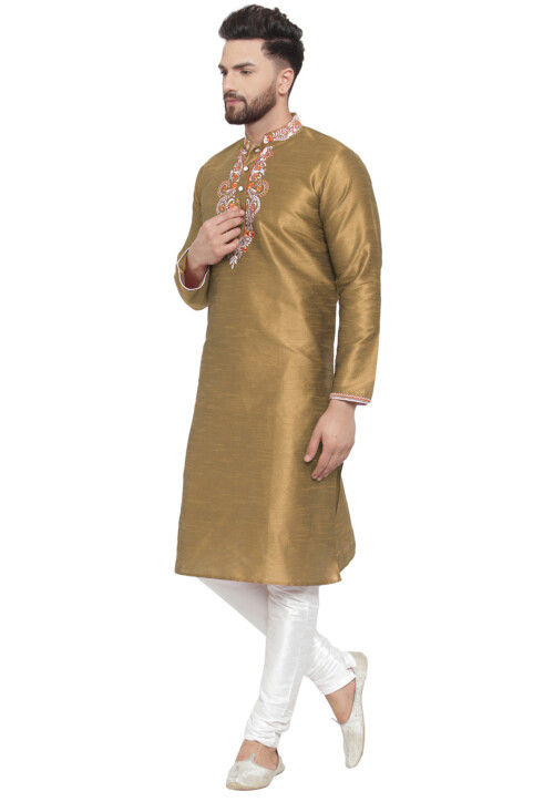 Embroidered Dupion Silk Kurta Set in Beige