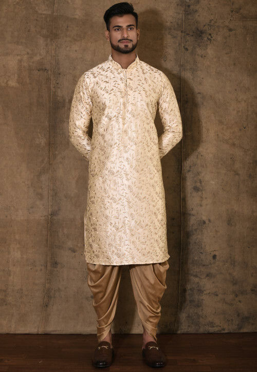 Embroidered Dupion Silk Kurta Set in Beige