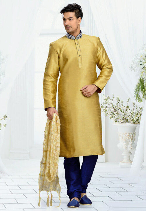 Embroidered Dupion Silk Kurta Set in Beige