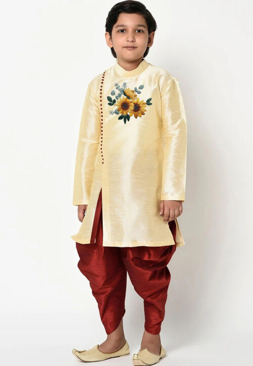 Embroidered Dupion Silk Kurta Set in Beige