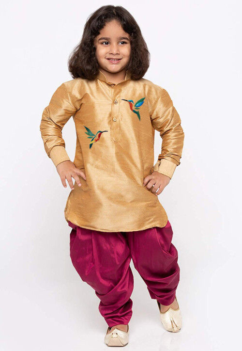 Embroidered Dupion Silk Kurta Set in Beige