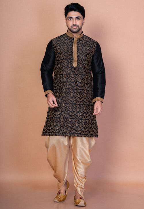 Embroidered Dupion Silk Kurta Set in Black