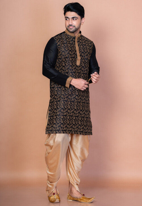 Embroidered Dupion Silk Kurta Set in Black