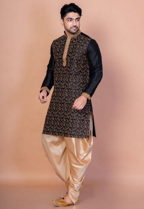 Embroidered Dupion Silk Kurta Set in Black