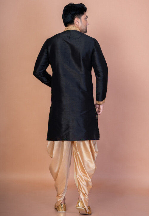 Embroidered Dupion Silk Kurta Set in Black