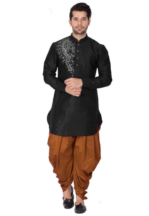 Embroidered Dupion Silk Kurta Set in Black