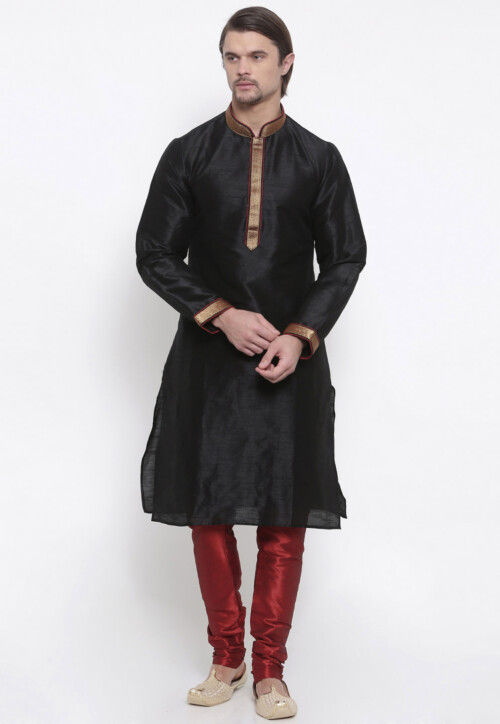 Embroidered Dupion Silk Kurta Set in Black