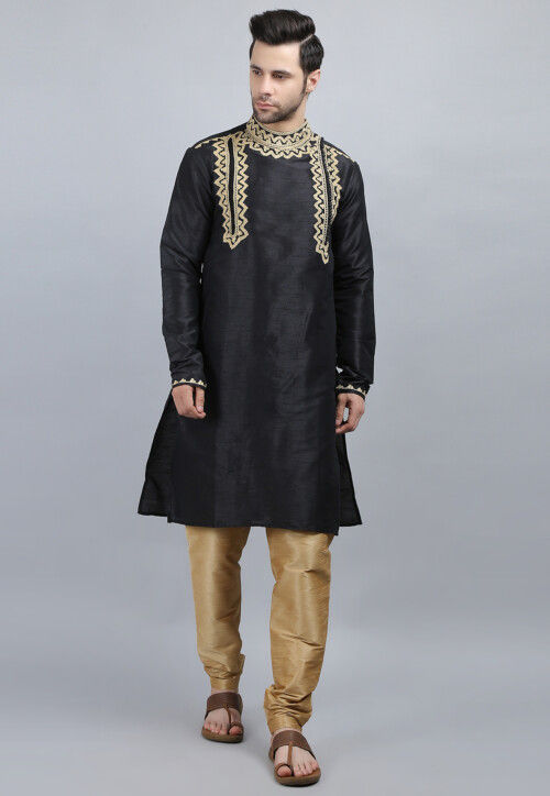 Embroidered Dupion Silk Kurta Set in Black
