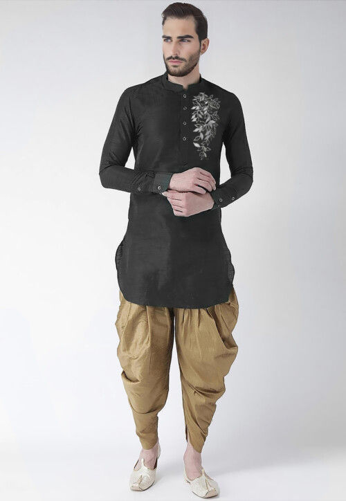 Embroidered Dupion Silk Kurta Set in Black