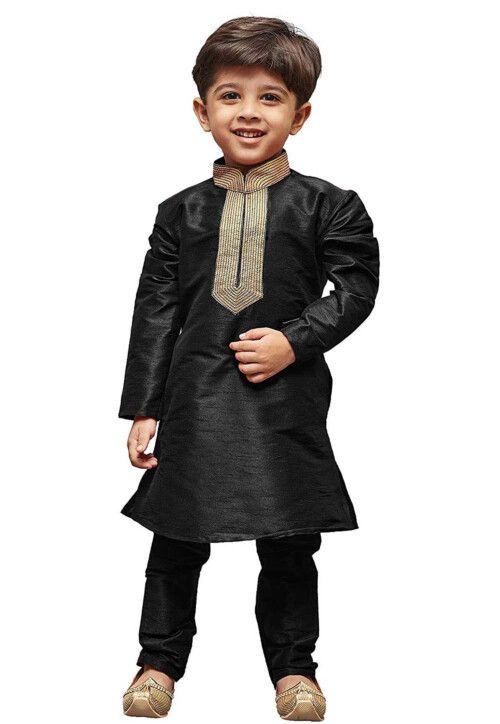 Embroidered Dupion Silk Kurta Set in Black