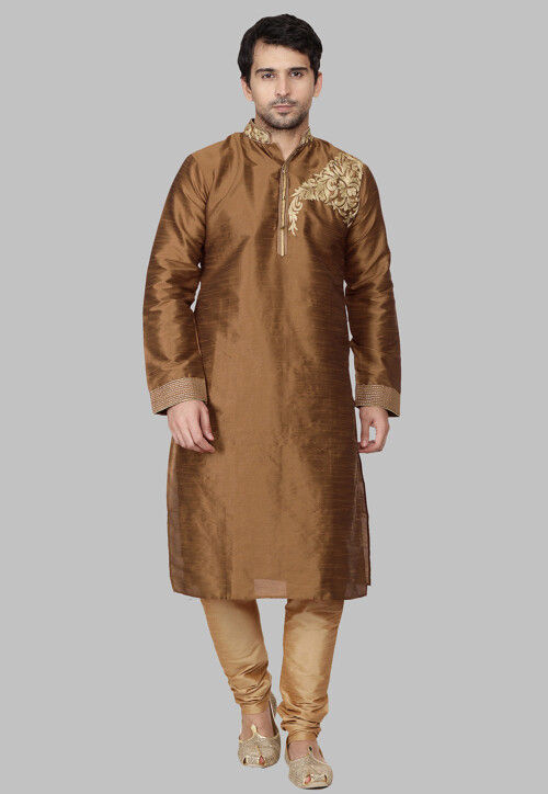Embroidered Dupion Silk Kurta Set in Brown