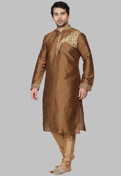 Embroidered Dupion Silk Kurta Set in Brown