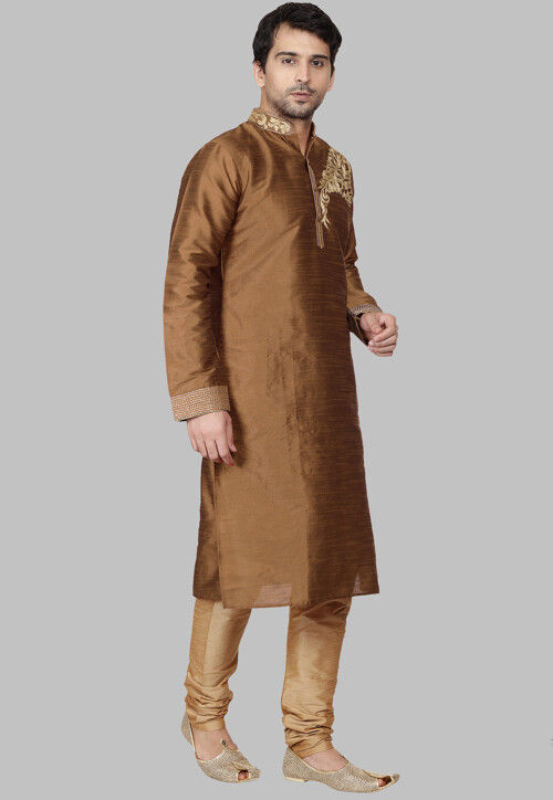 Embroidered Dupion Silk Kurta Set in Brown
