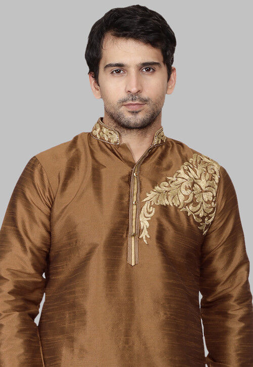 Embroidered Dupion Silk Kurta Set in Brown