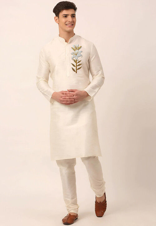 Embroidered Dupion Silk Kurta Set in Cream