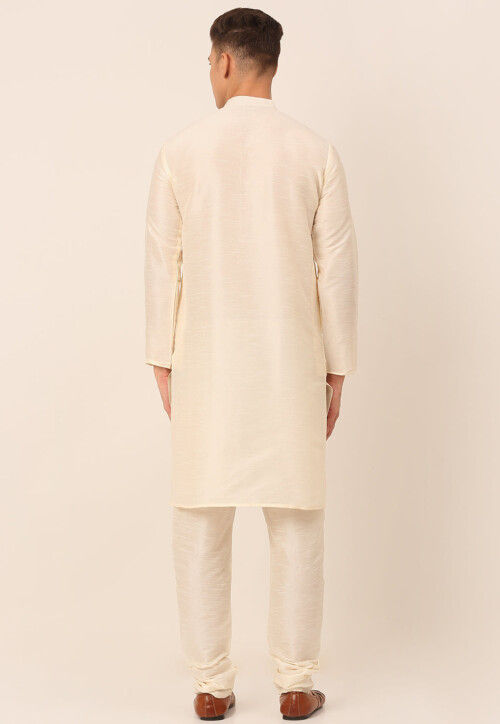 Embroidered Dupion Silk Kurta Set in Cream