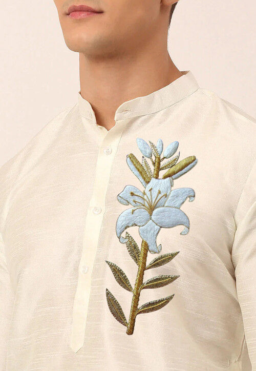 Embroidered Dupion Silk Kurta Set in Cream