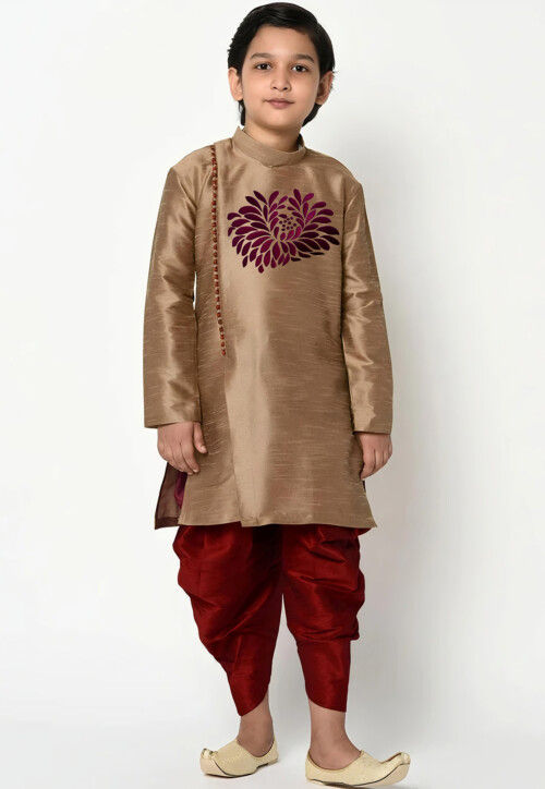 Embroidered Dupion Silk Kurta Set in Dark Beige