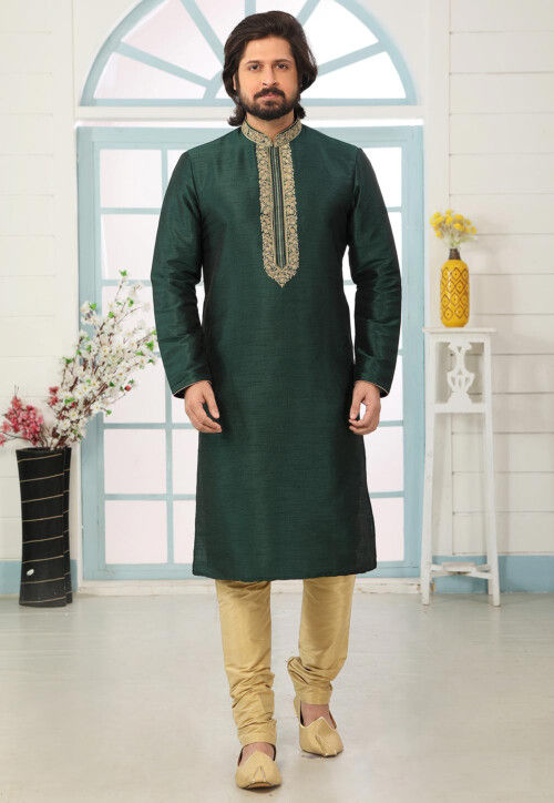 Embroidered Dupion Silk Kurta Set in Dark Green
