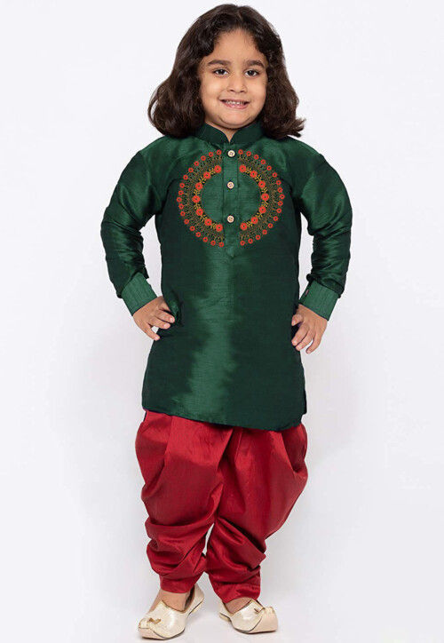 Embroidered Dupion Silk Kurta Set in Dark Green