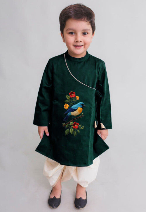 Embroidered Dupion Silk Kurta Set in Dark Green