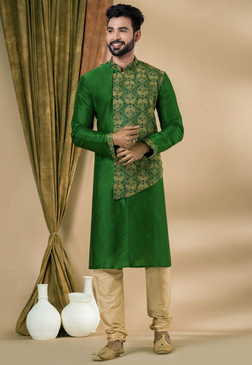 Embroidered Dupion Silk Kurta Set in Dark Green