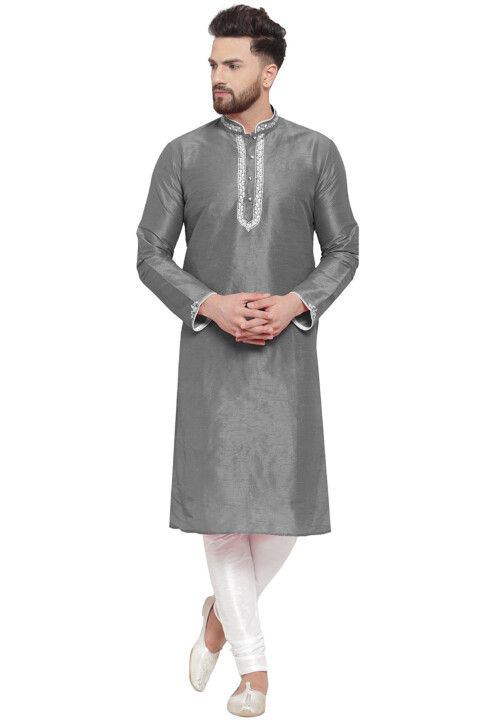 Embroidered Dupion Silk Kurta Set in Dark Grey