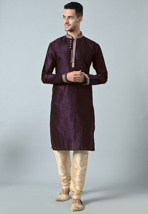 Embroidered Dupion Silk Kurta Set in Dark Purple