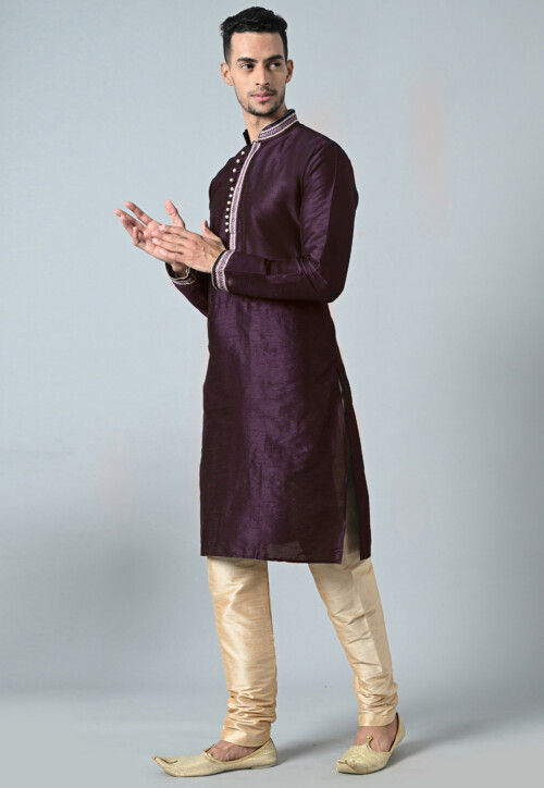 Embroidered Dupion Silk Kurta Set in Dark Purple