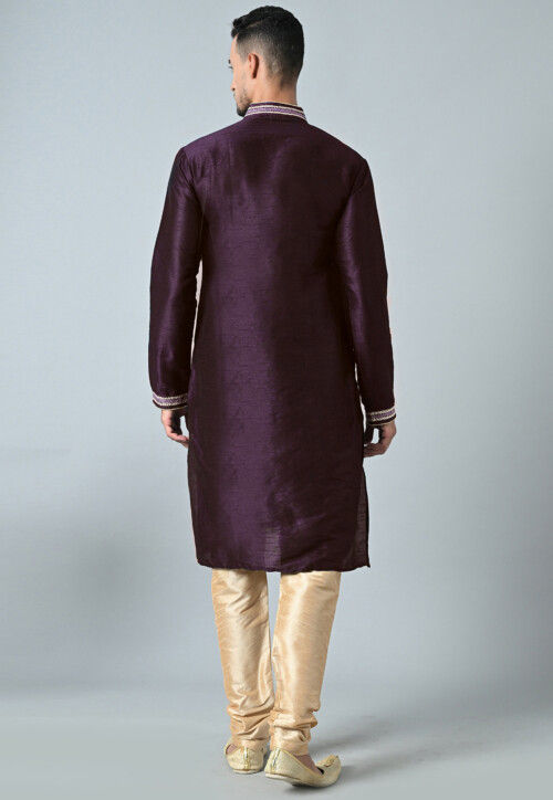 Embroidered Dupion Silk Kurta Set in Dark Purple
