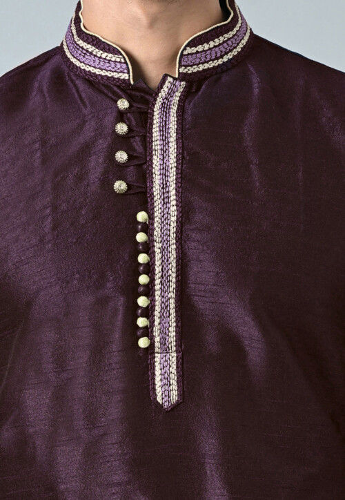 Embroidered Dupion Silk Kurta Set in Dark Purple