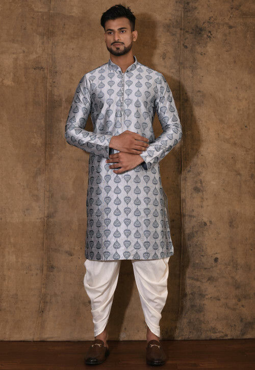Embroidered Dupion Silk Kurta Set in Grey