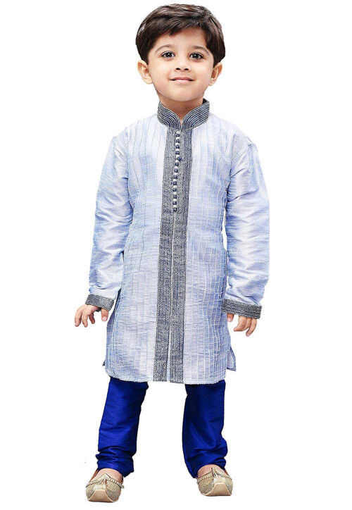Embroidered Dupion Silk Kurta Set in Light Blue