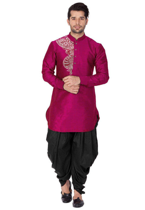 Embroidered Dupion Silk Kurta Set in Magenta